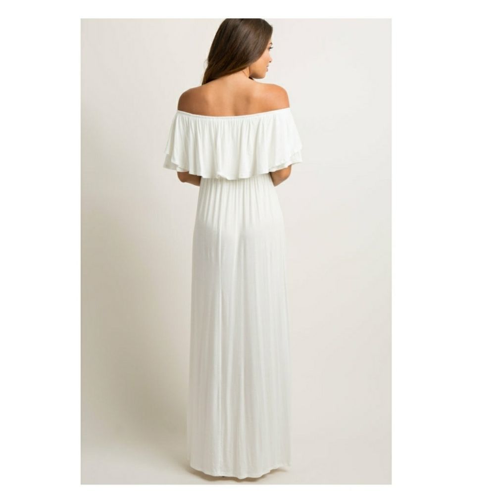 Pinkblush Off Shoulder Ivory  Ruffle Trim Maternity Maxi Dress - Picture 3 of 12